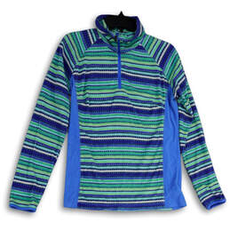 Womens Blue Stripe Mock Neck 1/4 Zip Long Sleeves Pullover Sweatshirt Sz M