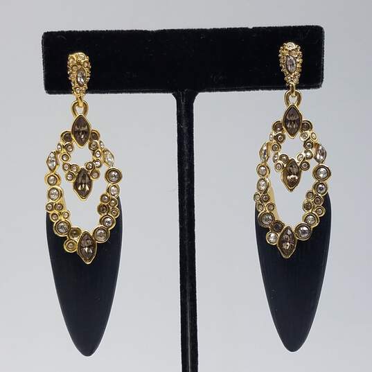 Alexis Bittar Gold Tone Black Lucite & Crystal Lace Imperial Earrings 15.2g image number 1