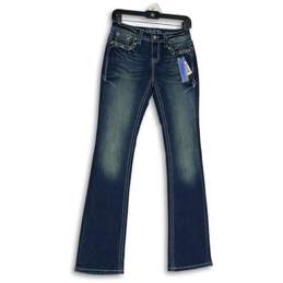 NWT Womens Blue Embroidered Denim 5-Pocket Design Bootcut Leg Jeans Size 25