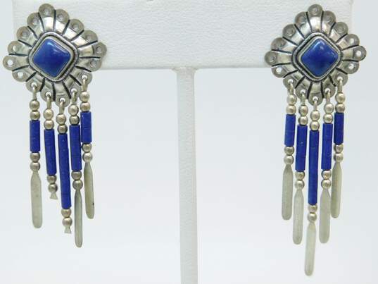 Carolyn Pollack & QT 925 Southwestern Lapis Lazuli Cabochon & Multi Faux Stone Beaded Tassels Concho Drop Earrings & Spiny Oyster Band Ring 14.1g image number 2