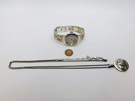 Brighton Designer Two Tone Scrolled Pendant Necklace & CZ Accent Gramercy Park Watch 111.9g image number 5