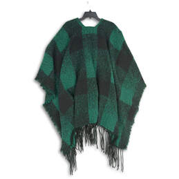 NWT Womens Green Black Plaid Fringe Hem Poncho Sweater Size O/S alternative image
