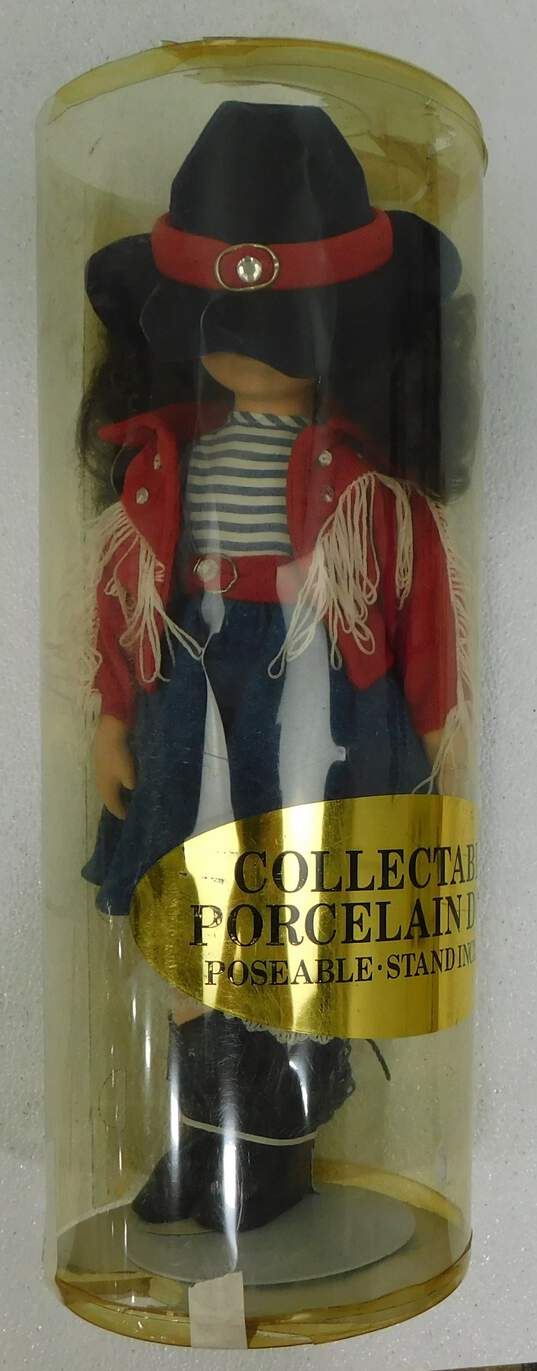 Collectible Porcelain Doll Barbara Ellen Cowgirl w/ Stand In Original Package image number 1