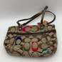 Womens Beige Brown Signature Print Double Handle Logo Charm Tote Bag image number 1