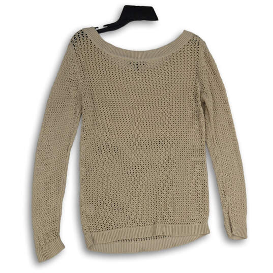 Womens Tan Open Knit Round Neck Long Sleeve Pullover Sweater Size Medium image number 2