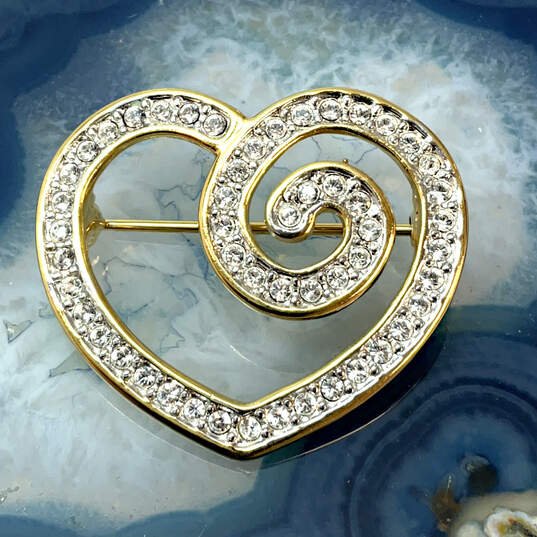 Designer Swarovski Gold-Tone Clear Rhinestone Swirl Heart Brooch Pin image number 1