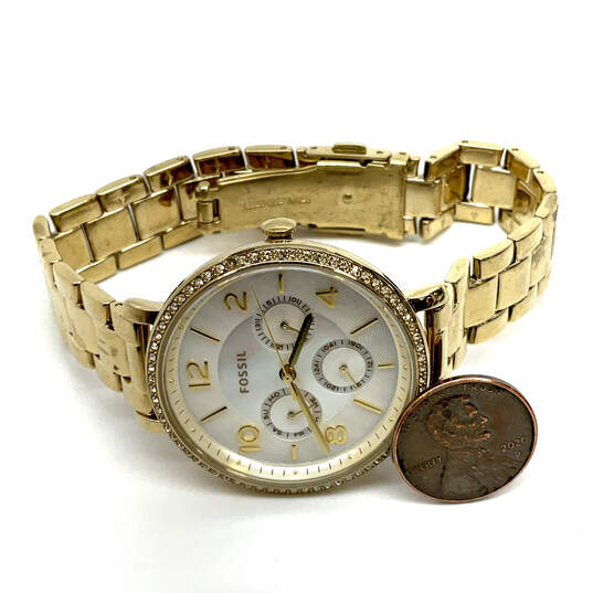 Designer Fossil Gold Tone Rhinestone Chronograph Round Dial Wristwatch image number 2