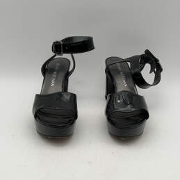 Womens Black Leather Open Toe Block Heel Ankle Strap Sandals Size 5.5 M