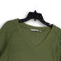 Womens Green Waffle Knit Side Slit Long Sleeve V-Neck Pullover Sweater Sz L image number 3