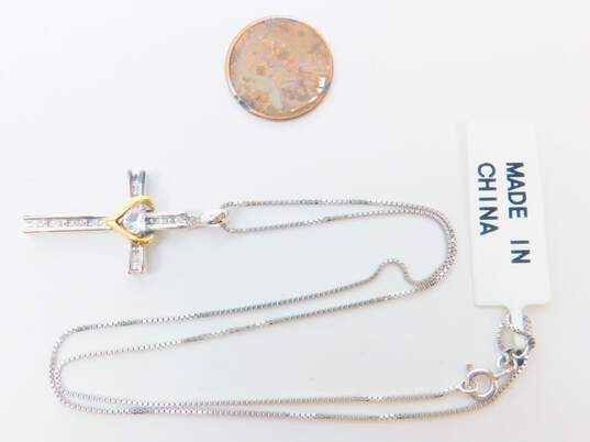 925 Sterling Silver & 14K Yellow Gold White Topaz Cross Pendant On Box Chain Necklace 5.1g image number 3
