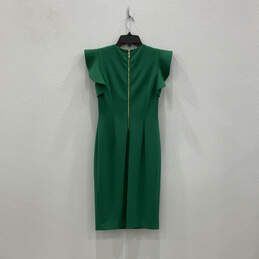 Womens Green Pleated Ruffle Short Sleeve Back Zip Midi Sheath Dress Size 2 alternative image