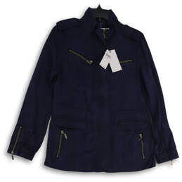 NWT Womens Navy Blue Mock Neck Long Sleeve Full Zip Military Jacket Size XS