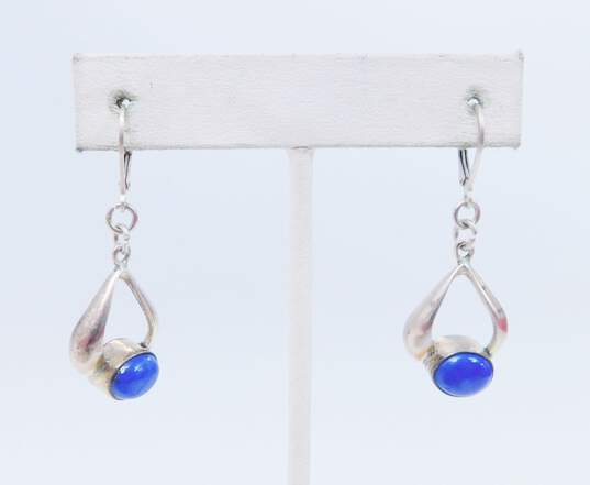 Artisan 925 Teardrop & Spiral Pendants Necklace & Lapis Lazuli Cabochon Granulated Drop & Swirl Knot Post Earrings 33.1g image number 2