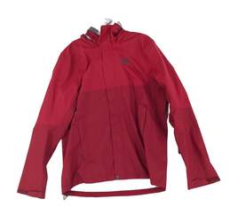 Mens Red Long Sleeve Mock Neck Front Full Zip Pockets Hooded Rain Jacket Size M
