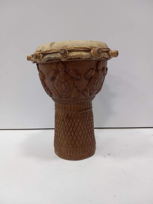 Wooden Hand Carved Peg Bongo Drum Turtle Detail African Folk Art 9" image number 1