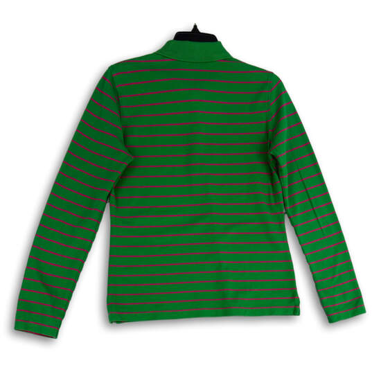 Womens Green Pink Striped Spread Collar Long Sleeve Polo Shirt Size M image number 2