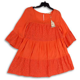 NWT Womens Orange Bell Sleeve Round Neck Key Hole Back Mini Dress Size S
