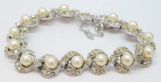 Vintage Bogoff Silver Tone Icy Rhinestone Faux Pearl Costume Bracelet 28.3g image number 2
