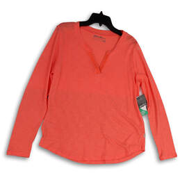 NWT Womens Orange Long Sleeve Split Neck Pullover T-Shirt Size Large