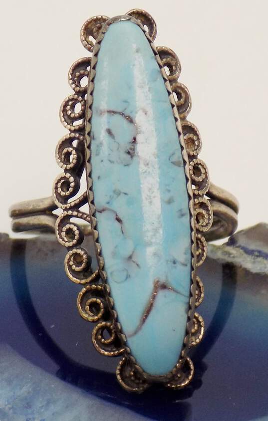 Artisan 925 Southwestern Faux Turquoise Cabochon Open Scrolled Long Ring 5.9g image number 5