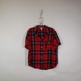 Womens Plaid Short Sleeve Collared Button-Up Shirt Size Large