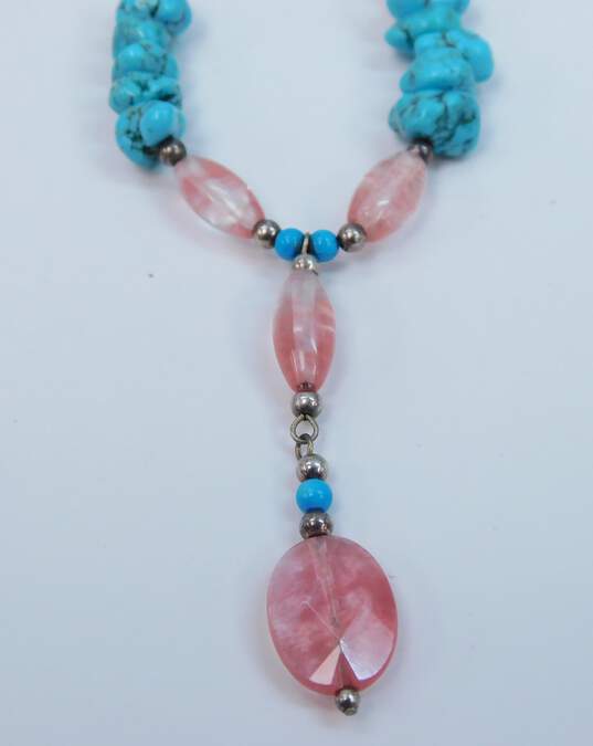 QT & Artisan 925 Southwestern Faux Turquoise & Pink Glass Beaded Lariat Necklace & Turquoise Heart Stamped Post Earrings 36g image number 3