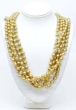 Vintage Gold Tone Multi Strand Beaded Necklace & Leaf Brooches 88.7g alternative image