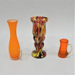 VNTG Art Glass Bud Vases Czech Color Splatter Crackle Orange Smoothie w/ Handles