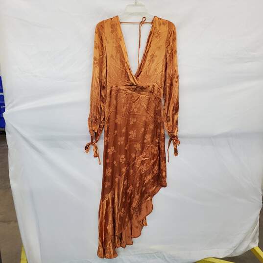 Asos Orange Floral Satin Asymmetrical Hem Long Sleeve Dress WM Size 8 NWT image number 1