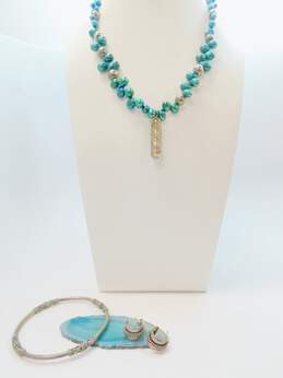 Artisan 925 Stamped Tube Pendant Blue Pearls & Ball Beaded Necklace Coiled Semi Hoop Post Earrings & Bali Style Bangle Bracelet 64g