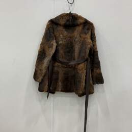 Womens Brown Gray Possibly Rabbit Fur Collared Belted Coat Size Large alternative image