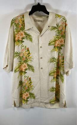 Tommy Bahama Mens Ivory Floral Silk Short Sleeve Collared Button-Up Shirt Size L