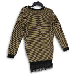 NWT Womens Brown Black Striped Long Sleeve Ruffle Hem Pullover Sweater Sz S alternative image