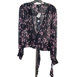 Paige NWT Margherita Blouse Tie Front Deep Plunge Pink Floral/Black Sheer Women's Size L