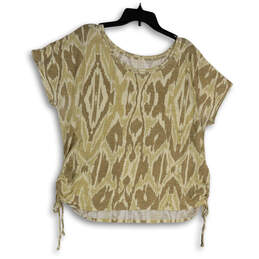 Womens Brown Beige Abstract Ruched Short Sleeve Pullover Blouse Top Size 16