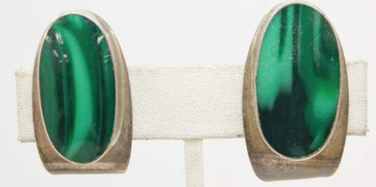 925 Vintage Taxco Malachite Clip-On Earrings 24g image number 1