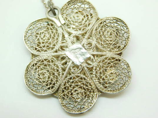 Vintage 925 Sterling Silver Floral Filigree Pendant Necklace On 835 Silver Chain 10.7g image number 6