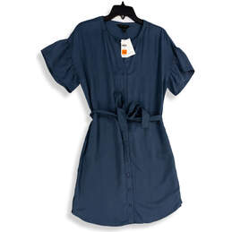 NWT Womens Blue Round Neck Short Sleeve Belted Shirt Dress Size 8