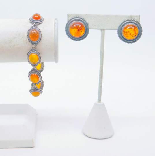 Artisan 925 Amber Dome Circle Post Earrings & Cabochons Scalloped Ovals Linked Bracelet 26.4g image number 1