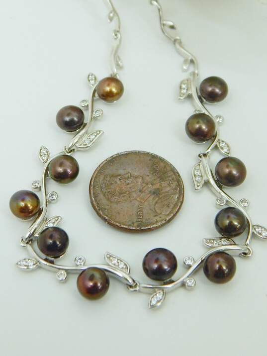 Romantic Sterling Silver Brown Tone Pearls & CZ Necklace & Ring w/ Crystal Dangle Earrings 24.3g image number 9