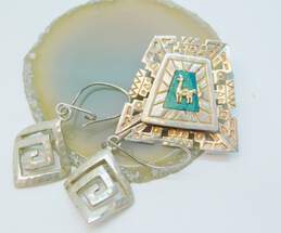 Artisan 925 Llama Overlay Chrysocolla Etched Aztec Brooch & Textured Curved Square Spiral Drop Earrings 12.4g