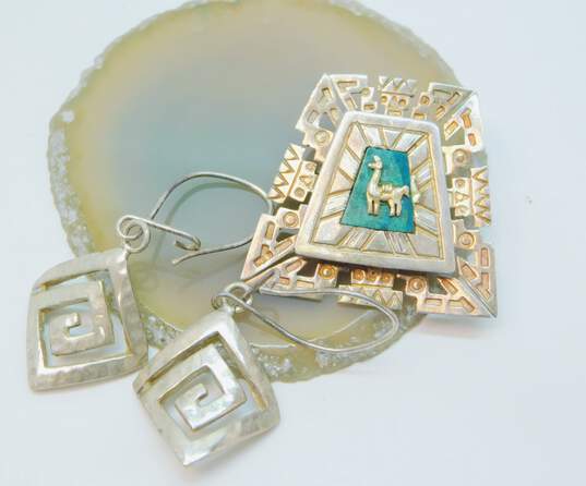 Artisan 925 Llama Overlay Chrysocolla Etched Aztec Brooch & Textured Curved Square Spiral Drop Earrings 12.4g image number 1