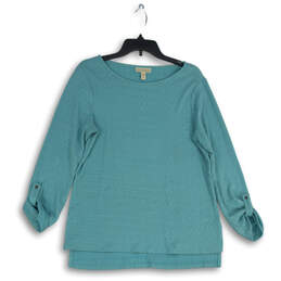 Womens Turquoise Blue Knitted Roll-Tab Sleeve Pullover Blouse Top Size M