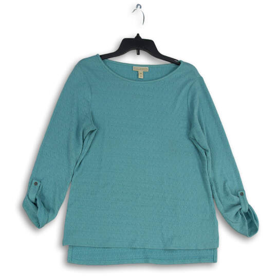 Womens Turquoise Blue Knitted Roll-Tab Sleeve Pullover Blouse Top Size M image number 1