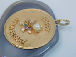 Vintage 14K Yellow Gold Floral Pearl Happy Anniversary Disc Charm Pendant 3.3g