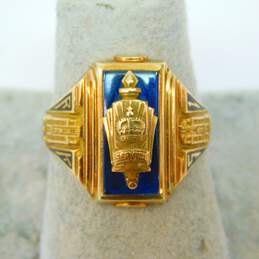 Vintage 10k Yellow Gold Blue Spinel & Enamel Carved Service Ring 5g alternative image