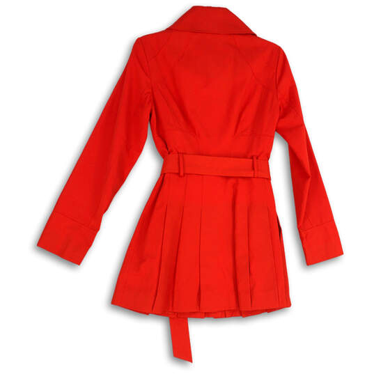 Buy the Womens Red Pleated Spread Collar Long Sleeve Midi Trench Coat ...