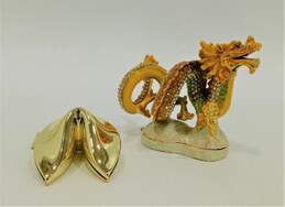 Jeweled Enamel Figural Chinese Dragon & Gold Fortune Cookie Hinged Trinket Boxes
