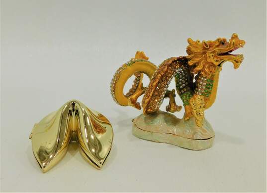 Jeweled Enamel Figural Chinese Dragon & Gold Fortune Cookie Hinged Trinket Boxes image number 1