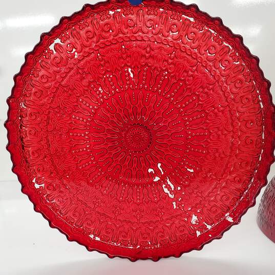 Vintage Large Red Round Glass Serving Platter and Lid image number 4